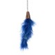 Blue feather cat toy with a brown plastic handle, suspended by a silver chain.