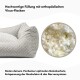 Orthopädisches Haustierbett mit hochwertiger Viskoflockenfüllung, das den Gelenkschutz und die Muskelentspannung fördert, mit Text in deutscher Sprache.