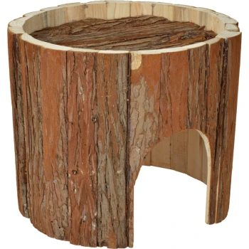 Holz-Haustierversteck in Form eines Baumstamms, mit einem hohlen Eingang und einer strukturierten, rindenähnlichen Außenseite.