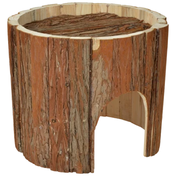 Cachette en bois pour animaux en forme de bûche, avec une entrée creuse et un extérieur texturé semblable à l'écorce.