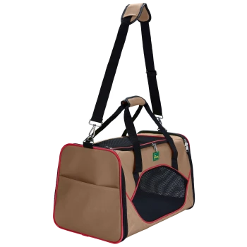 Beige Tiertransporttasche mit rotem Rand, ausgestattet mit einem Netzseitenteil, verstellbarem Schultergurt und zwei Griffen für einfachen Transport.