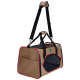 Beige Tiertransporttasche mit rotem Rand, ausgestattet mit einem Netzseitenteil, verstellbarem Schultergurt und zwei Griffen für einfachen Transport.