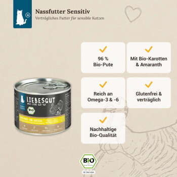 Liebesgut Nassfutter 'Sensitiv' Dose — 96 % Bio-Pute; Bio-Möhren & Amaranth; Omega-3/6; glutenfrei; Bio-Qualität
