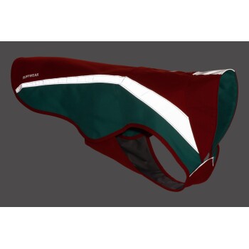 Eine rot-grüne Hundejacke mit reflektierenden Streifen, die den Markennamen 'RUFFWEAR' an der Seite trägt.