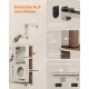 Montageanleitung für einen Katzenbaum mit einem modularen Design und Klickstrukturen für eine einfache Einrichtung, die verschiedene Plattformen und ein baumelndes Spielzeug zeigt.