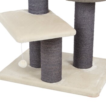 Katzenbaum mit zwei Kratzpfosten, einer plüschigen Plattform und einem baumelnden Pom-Pom-Spielzeug.