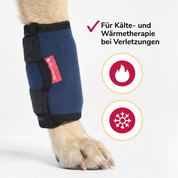 Blau-schwarze verstellbare Tierbeinbandage mit Klettverschlüssen und rotem HerzensTIER-Label.