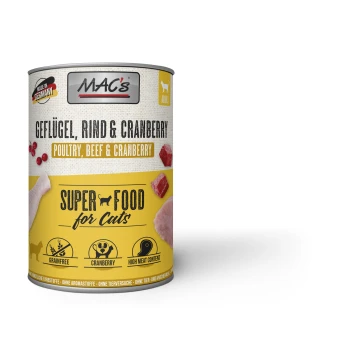 Nassfutter Katze Adult Geflügel, Rind und Cranberry 6x400 g Dosenkatzenfutter "MAC's Geflügel, Rind & Cranberry" mit Geflügel, Rind, Cranberry und Symbolen für getreidefrei und hohen Fleischanteil.