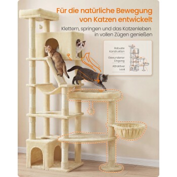 Beiger Kratzbaum mit Hängematte, Plattformen, Kratzstämmen und drei Katzen; sichtbarer Text: „Für die natürliche Bewegung von Katzen“.