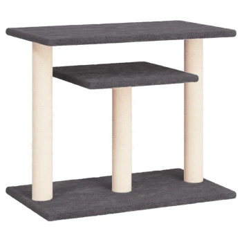 Grau Katzenbaum mit zwei Plattformen und beigen Kratzpfosten. Ideal für das Spielen und Ausruhen von Katzen.