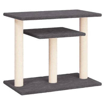 Grau Katzenbaum mit zwei Plattformen und beigen Kratzpfosten. Ideal für das Spielen und Ausruhen von Katzen.