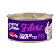 Boîte de filets Edgard Cooper contenant du thon et des crevettes, 70g, avec une illustration de chat ludique et un fond violet vibrant.