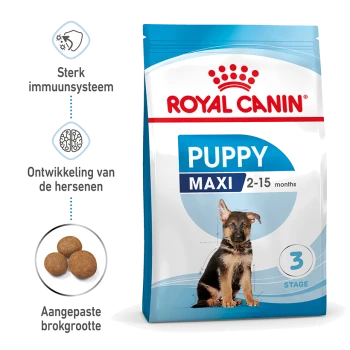 Royal Canin Puppy Maxi hondenvoer zak voor puppy's van 2-15 maanden, met nadruk op immuunondersteuning, hersenontwikkeling en aangepaste brokjesgrootte.