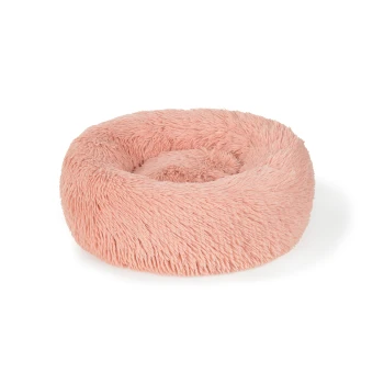 Fluffiges rundes Hundebett in sanftem Rosa, entworfen für Komfort und Entspannung.