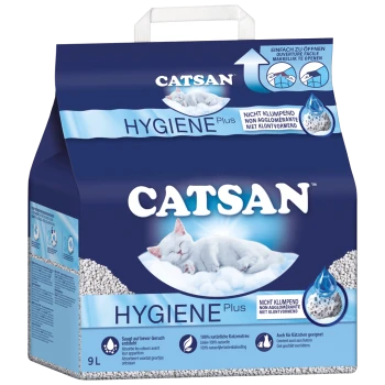 9L verpakking van CAT SAN Hygiene Plus kattenbakvulling met een slapende witte kat op een wolk, met niet-klonterende en 100% natuurlijke ingrediënten.
