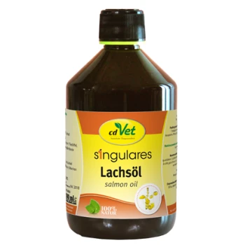 Flasche cdVet Lachsöl für Haustiere, mit der Aufschrift "s'ingulares Lachöl", mit einem grünen Blattsymbol und dem Text "100% NATUR".