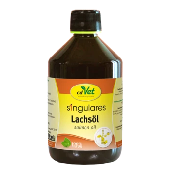 Flasche cdVet Lachsöl für Haustiere, mit der Aufschrift "s'ingulares Lachöl", mit einem grünen Blattsymbol und dem Text "100% NATUR".