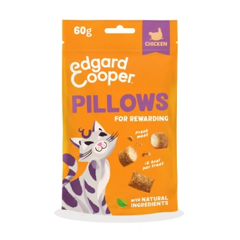 Orange bag of Edgard Cooper PILLOWS cat treats (chicken, 60g) with smiling cat illustration and text 'for rewarding'