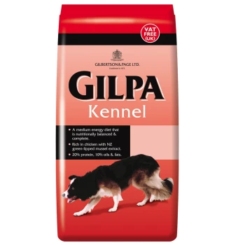 Kennel 15 kg Eine Tüte Gilpa Kennel Hundefutter mit einer schwarz-weißen Hundesilhouette, die eine ausgewogene Ernährung, Hühneranteil und Nährstoffe betont.