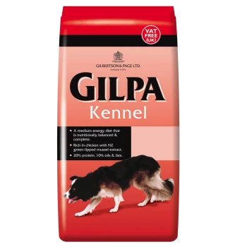 Eine Tüte Gilpa Kennel Hundefutter mit einer schwarz-weißen Hundesilhouette, die eine ausgewogene Ernährung, Hühneranteil und Nährstoffe betont.