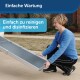 Eine Frau in einem blauen Pullover hockt mit einer Haustierrampe, der Text darüber lautet "Einfache Wartung" und "Einfach zu reinigen und desinfizieren."