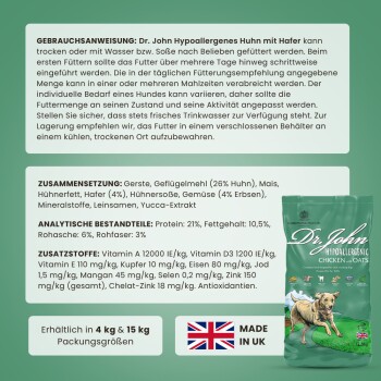Dr. John Hypoallergenes Hundefutter mit Huhn und Hafer Verpackung, mit Zutaten, Nährwertanalyse und Fütterungshinweisen auf Deutsch.