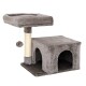 Grauer Katzenbaum mit einem plüschigen oberen Platz, einem mit Sisal umwickelten Kratzbaum und einem gemütlichen Versteck darunter.
