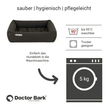 Nahaufnahme eines schwarzen Stoff-Haustierprodukts mit einem zentralen Knopf, das das Logo "Doctor Bark" und den Text "MADE IN GERMANY" zeigt.