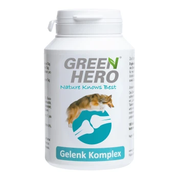 Gelenk-Komplex Gelenktabletten, 150 g Behälter mit "GREEN HERO Gelenk Komplex" Hundefutterergänzung, mit einer Grafik eines springenden Hundes und dem Text "Die Natur weiß es am besten."