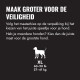 Zwart bord: 'MAAK GROTER VOOR DE VEILIGHEID' Nederlandse veiligheidstekst, hondensilhouet en 'XL 60–90 lb 27–41 kg'.
