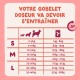 Tableau d'alimentation pour animaux en français : « VOTRE GOBELET DOSEUR VA DEVOIR S'ENTRAÎNER » avec S/M/L, poids 0–40 kg et ration quotidienne 14–388 g