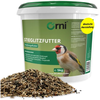 Tüte Orni Wildvogelfutter mit Silhouetten fliegender Vögel, 5 kg, hergestellt in Deutschland.