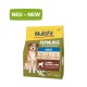 Hundefutterverpackung mit der Aufschrift 'MultiFit FarmLove mit Superfood' für Erwachsene, mit einem Hundebild, Zutaten auf Deutsch und einem 'NEU'-Tag.
