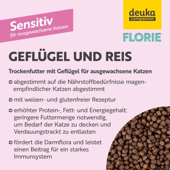 Trockenfutter für Katzen mit Geflügel und Reis, glutenfrei, erhöhten Nährstoffgehalt, fördert die Darmflora und Immunität.