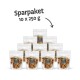 Ein Stapel von zehn transparenten Beuteln mit Haustierleckerlis, jeder mit 250g, beschriftet mit 'Sparpaket' auf einem dunklen Hintergrund und sichtbaren Leckerlis darin.