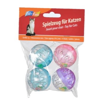Quatre balles de jouet pour chats colorées dans un emballage transparent, étiquetées 'Fit+Fun,' avec un texte en allemand et en français indiquant qu'il s'agit de jouets pour chats.