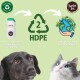 Das Bild zeigt einen Hund und eine Katze neben einer recycelbaren Flasche mit der Aufschrift "Earthz Pet." Der Text hebt die reduzierte Plastiknutzung und 98% recycelbares HDPE#2-Plastik hervor.