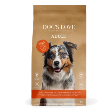 Hundeliebe Adult Hundefutterbeutel, 12 kg, mit einem braunen Hintergrund, "ADULT"-Etikett und einem runden "RIND" (Rindfleisch) Tag.