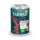 Dose Yarrah Bio-Katzenfutter-Stücke mit Huhn & Rind, Brennnessel & Tomate, mit Katzenillustration.