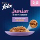 Purina Felix Junior Katzenfutter in einer lila Schüssel, mit gemischtem Fleisch in Gelee, mit dem Text "Gemischte Vielfalt IN GELEE" und "2-12 Monate."
