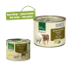 Zwei Dosen Tiernahrung "Beef & Nature": eine größere "Senior"-Dose und eine kleinere Dose, beide mit der Aufschrift "Lamm mit Reis" in einer grünen Sprechblase.