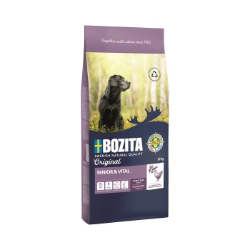 Sac de nourriture pour chien étiqueté "Bozita Original Senior & Vital", avec un chien noir en arrière-plan forestier, 12 kg, sans blé, avec des icônes nutritionnelles.