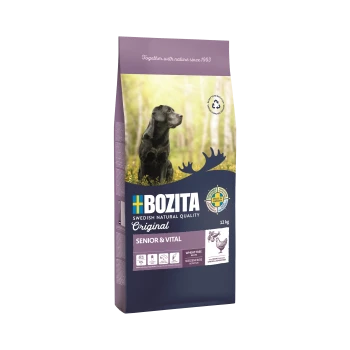 Hundefutterbeutel mit der Aufschrift "Bozita Original Senior & Vital", mit einem schwarzen Hund vor einem Waldhintergrund, 12 kg, weizenfrei, mit Nährstoffsymbolen.