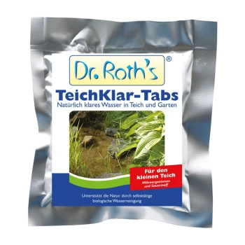 Dr. Roths TeichKlar-Tabs Verpackung für die Klarheit von Teichwasser, mit einem Foto einer natürlichen Teichszene und Text auf Deutsch über Wasserreinigung.