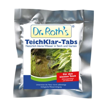 Opakowanie TeichKlar-Tabs Dr. Roth do klarowności wody w stawie, z zdjęciem naturalnego stawu, z tekstem w języku niemieckim o oczyszczaniu wody.