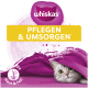 Whiskas Katzenpflegeproduktverpackung mit einer grauen Katze, die unter einer lila Decke hervorschaut, mit Text, der die Vorteile für Haut und Fell hervorhebt.