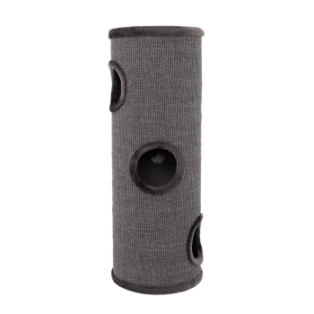 Grauer Katzentunnel mit mehreren Öffnungen zum Spielen und Erkunden, mit einer weichen Stofftextur.