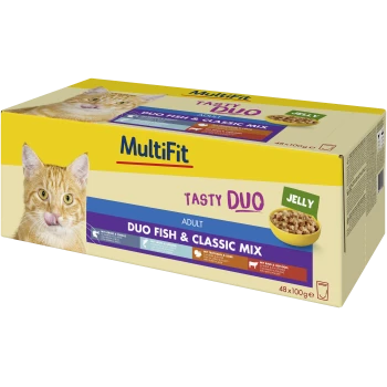 MultiFit Tasty Duo Adult Katzenfutterpackung, Duo Fisch & Classic Mix in Gelee, 48x100g, mit Bild einer orangefarbenen Katze, die sich die Lippen leckt.