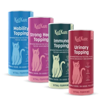 KatKare-Futtermittel-Dosen für Katzen: Mobility, Strong Heart, Immune und Urinary Topping, jeweils mit Katzenillustration.