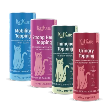 KatKare-Futtermittel-Dosen für Katzen: Mobility, Strong Heart, Immune und Urinary Topping, jeweils mit Katzenillustration.